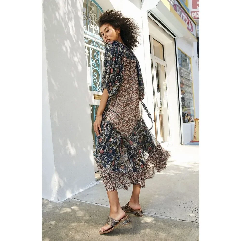 New Free People Estelle Chiffon Button Front Printed Maxi Dress sz xs - Picture 2 of 6